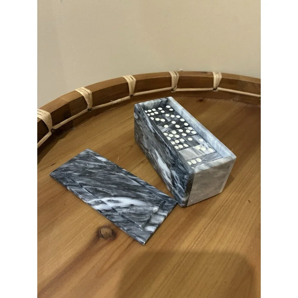 VTG Grey Marble DOMINOES SET w Case Box Complete 28 Dominos